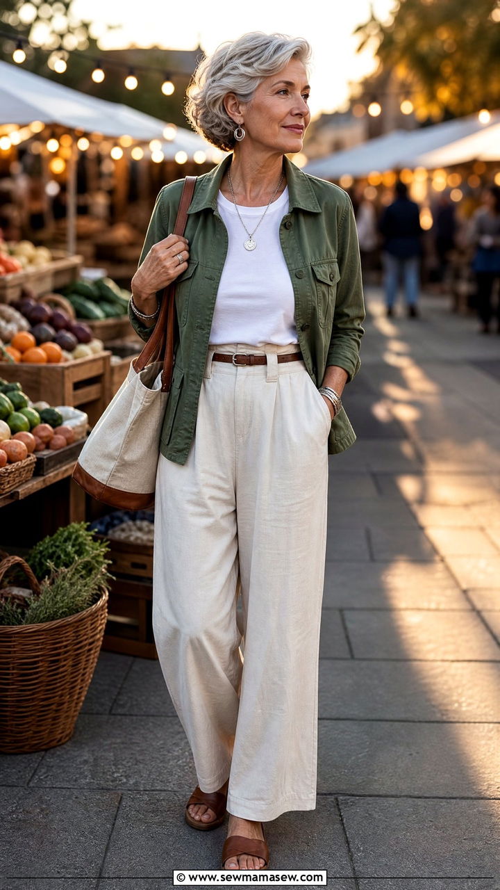 Utility Jacket With A Tee And Wide Leg Pants - 35 Going out outfit ideas women over 50