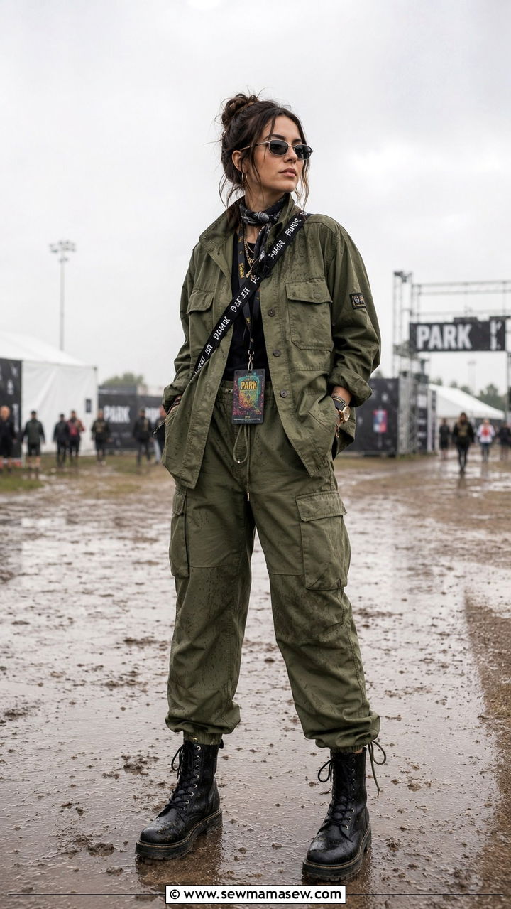 Utility Jacket With Cargo Pants and Combat Boots - 25 Rainy festival outfit ideas