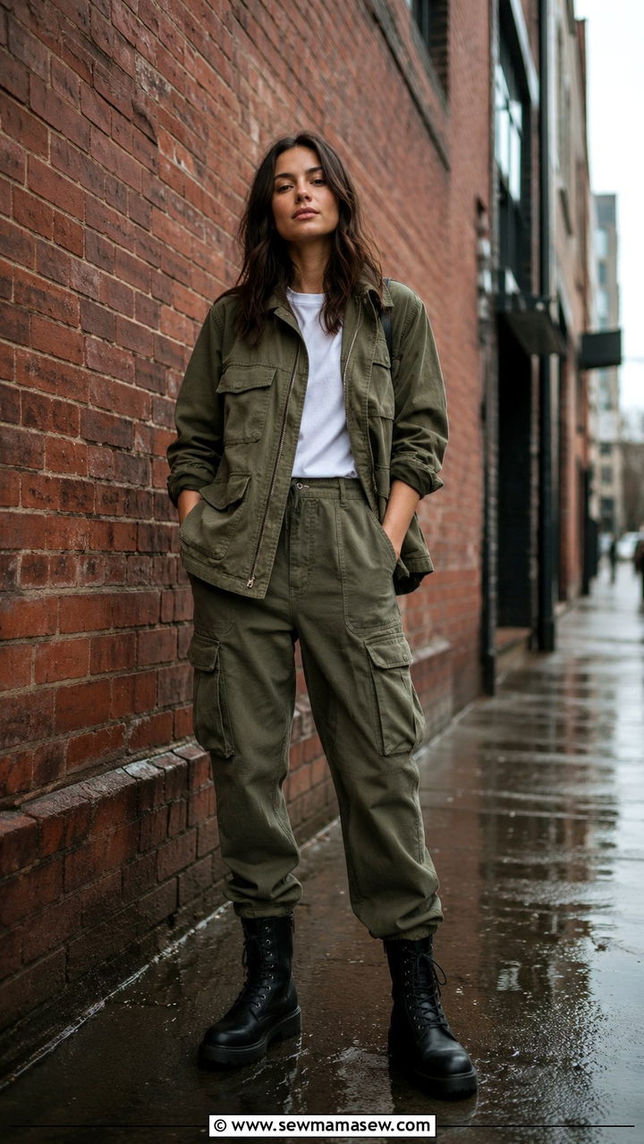 Utility Jacket With Cargo Pants and Combat Boots - 30 rainy day outfits casual