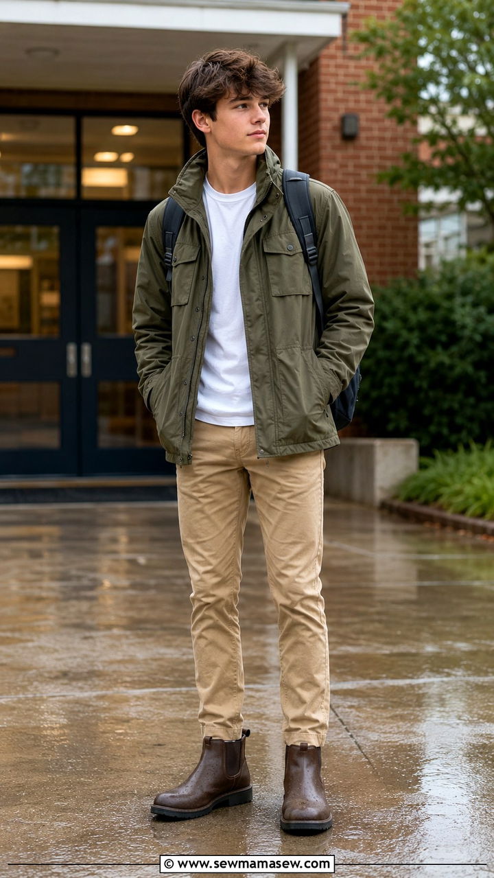 Utility Jacket With Chinos Rainy School Outfit - 30 Rainy day school outfit ideas