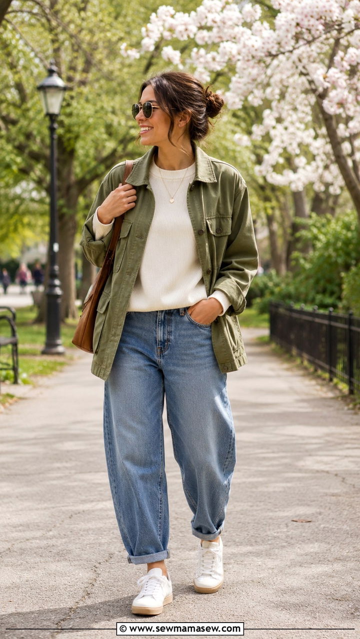 Utility Jacket With Crewneck Sweater and Barrel Jeans - 20 Spring outfits for 50 degree weather