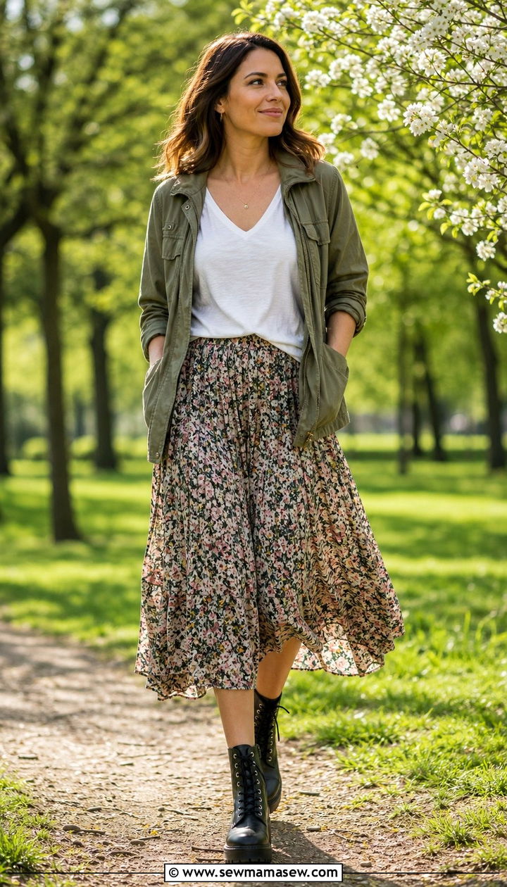 Utility Jacket With Floral Midi Skirt Spring Outfit - 25 Spring outfits for inverted triangle shape