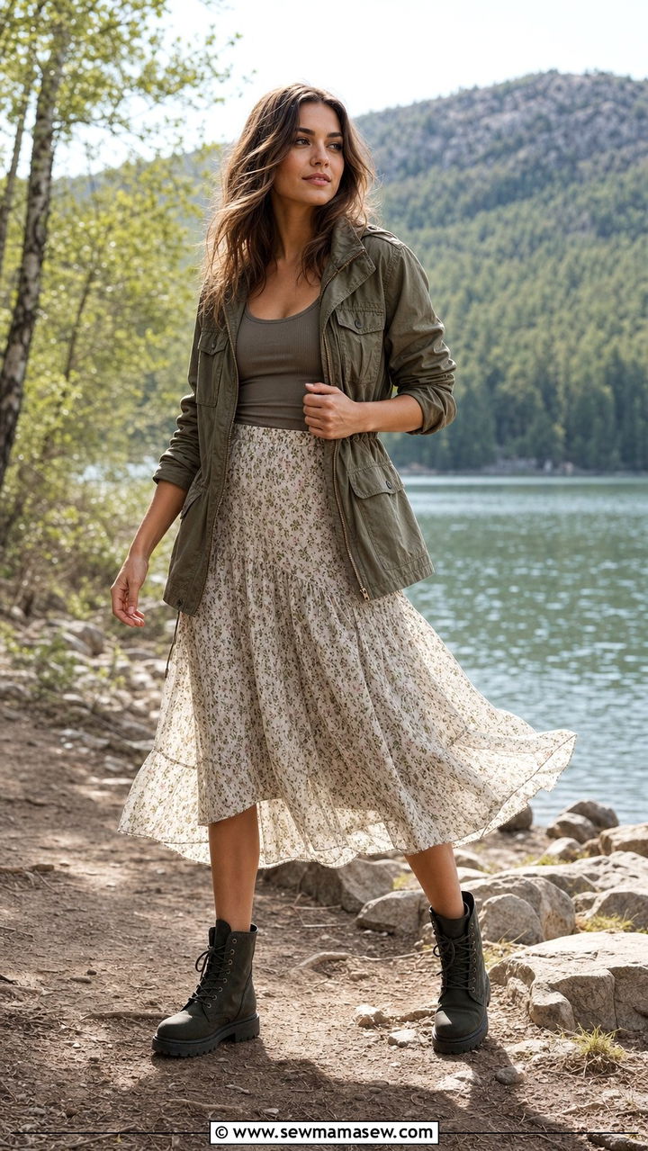 Utility Jacket With Flowy Midi Skirt And Combat Boots - 25 Spring lake outfits