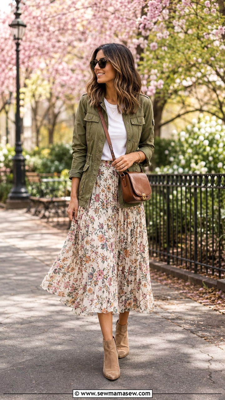 Utility Jacket With Flowy Midi Skirt Spring Outfit - 30 spring summer 2026 outfits for women