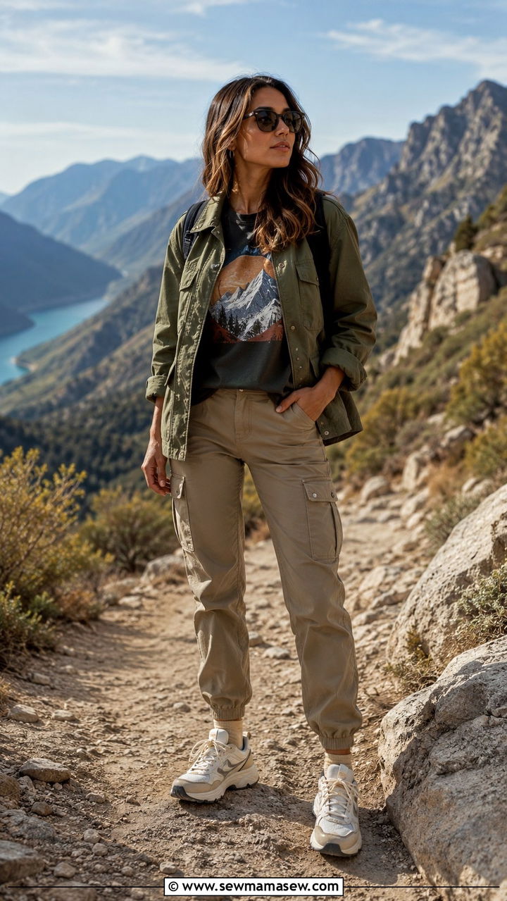 Utility Jacket With Graphic Tee Cargo Pants and Chunky Sneakers - 30 transitional outfits aesthetic