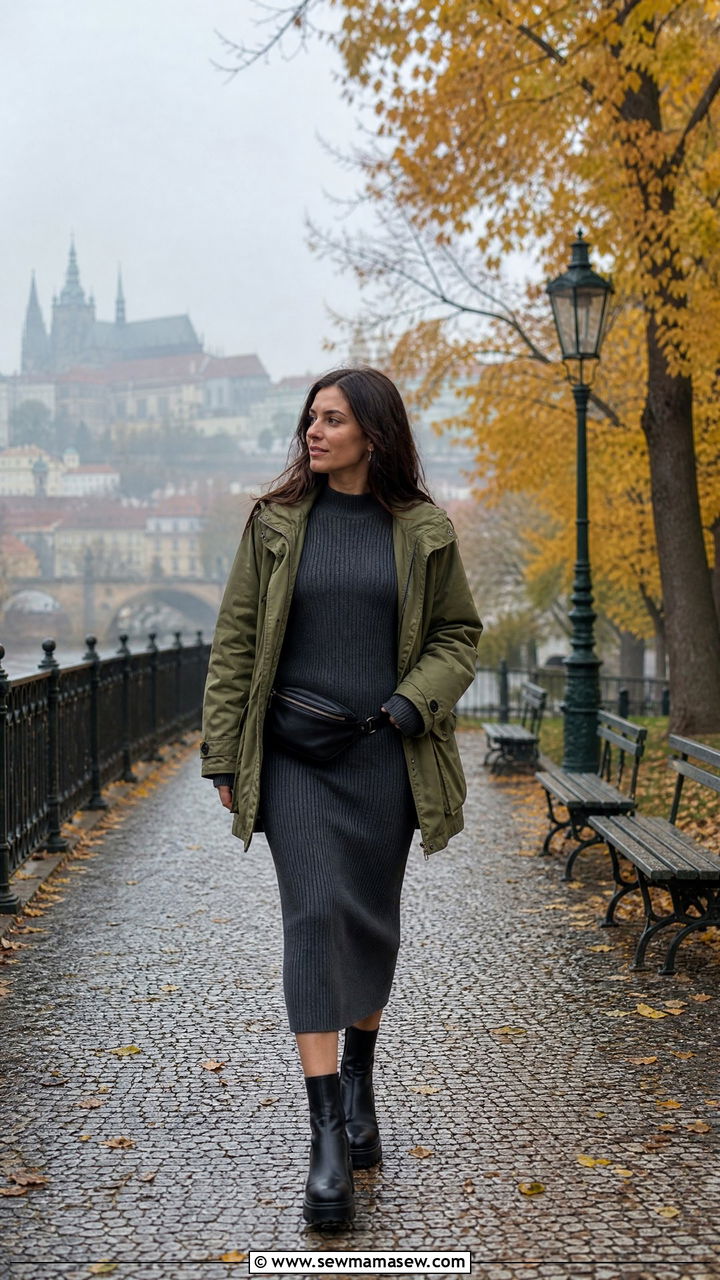 Utility Jacket With Knit Dress and Platform Boots Outfit - 25 Prague outfit ideas