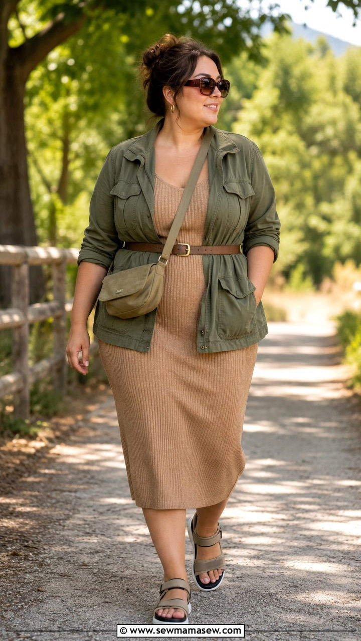 Utility Jacket With Knit Midi Tank Dress And Sporty Sandals Petite Plus Size - 20 Petite plus size outfit ideas 18