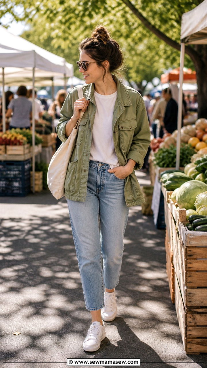 Utility Jacket With Light Wash Jeans and Sneakers - 20 45 year old woman outfit ideas