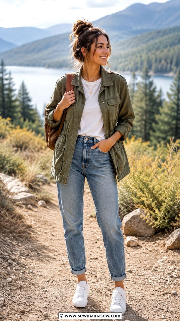 Utility Jacket With Mom Jeans and White Sneakers - 30 Mom jeans outfit ideas with white sneakers