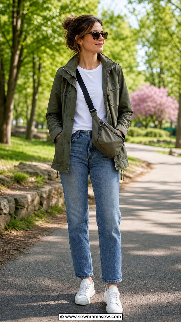 Utility Jacket With Straight Leg Jeans and Sneakers - 25 spring straight leg jeans outfit ideas