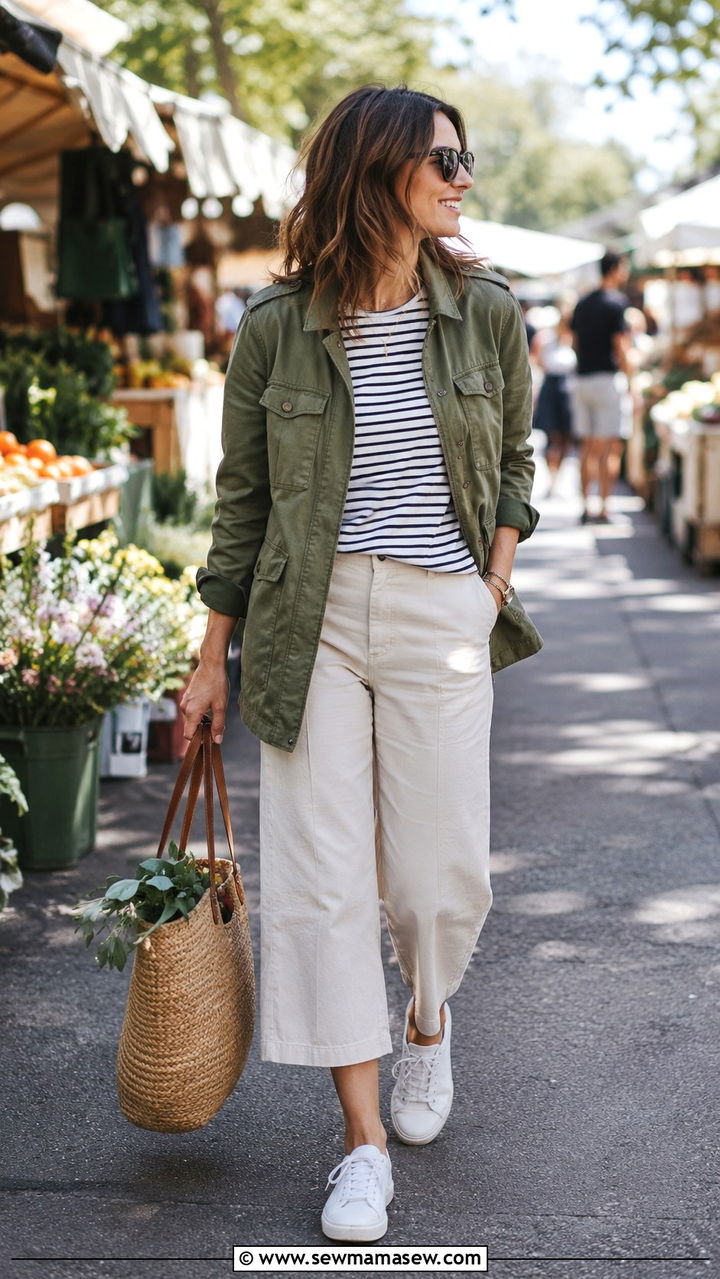 Utility Jacket With Striped Breton Top And Cropped Wide Leg Pants - 30 Trendy outfits for women over 40