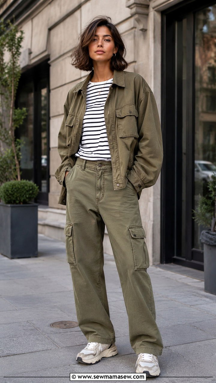 Utility Jacket With Striped Tee And Cargo Pants - 30 Mild weather outfit ideas