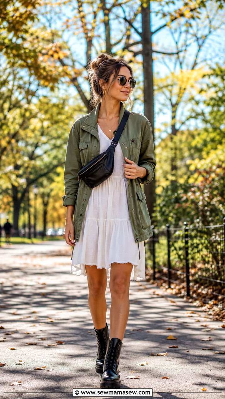 Utility Jacket With Summer Dress And Combat Boots - 30 cute summer to fall outfits