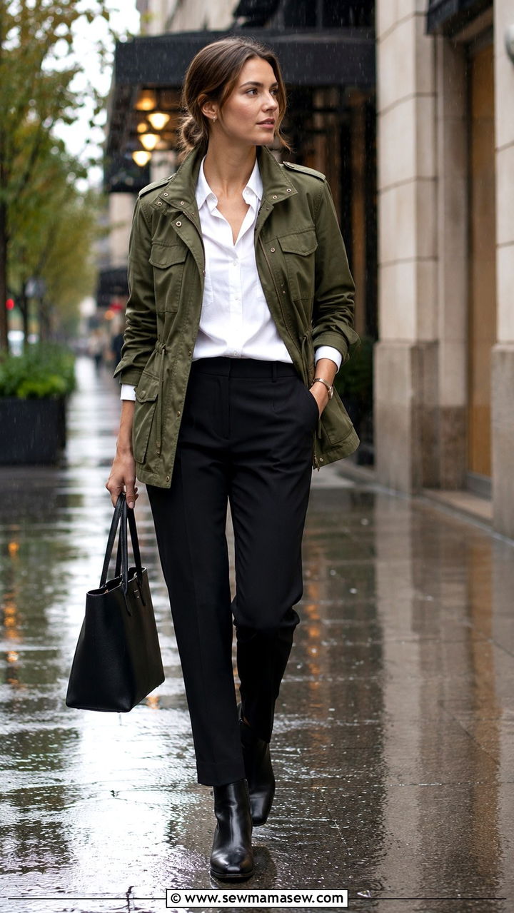 Utility Jacket With Tailored Trousers And Blouse - 30 Rainy day work outfit ideas