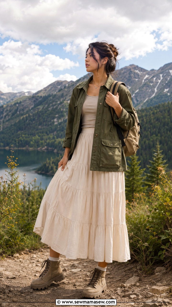 Utility Jacket With Tiered Long Skirt - 30 Modest outfit ideas with long skirt