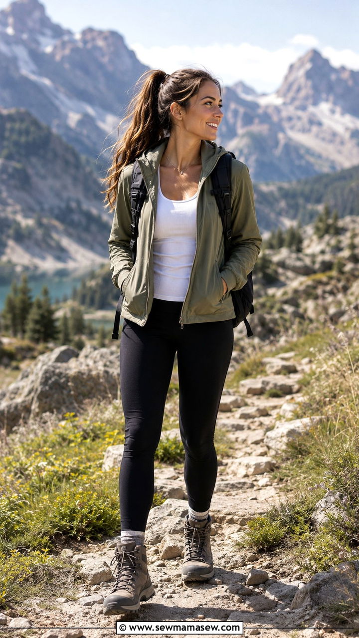 Utility Jacket With White Tank and Black Leggings Outfit - 30 Hiking outfit ideas summer