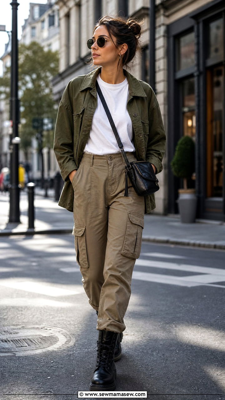 Utility Jacket With White Tee and Cargo Pants - 25 casual outfits for pear shaped body