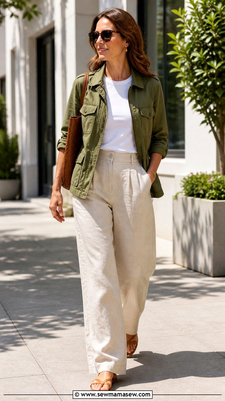 Utility Jacket With Wide Leg Linen Trousers - 40 Casual office outfit ideas