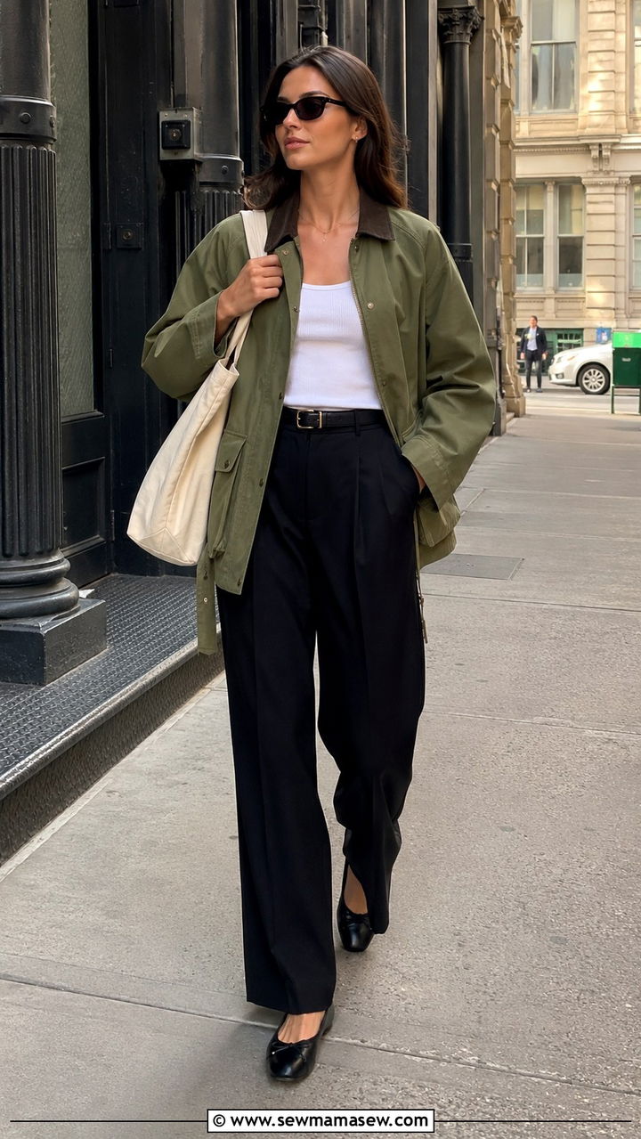 Utility Jacket With Wide Leg Trousers And Ballet Flats - 30 transitional outfits Pinterest