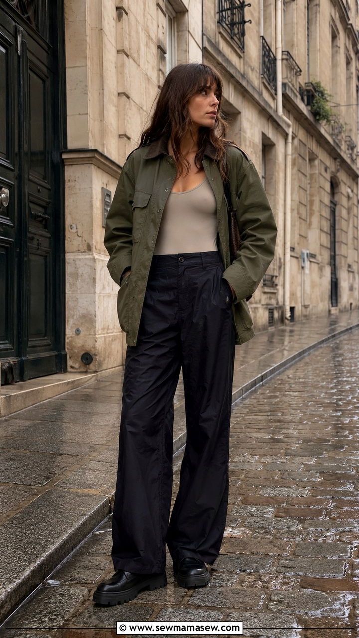 Utility Jacket With Wide Leg Trousers And Chunky Loafers - 25 rainy day outfits Pinterest