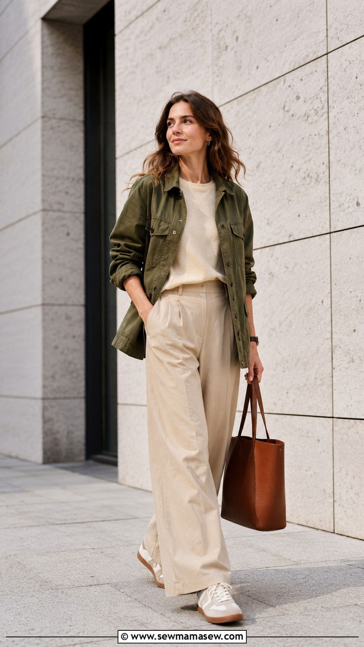 Utility Jacket With WideLeg Trousers and Retro Runners - 30 Spring outfits with sneakers
