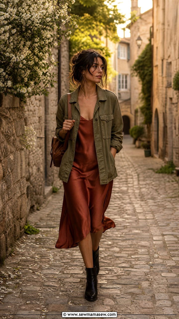 Utility Jacket With a Slip Dress and Ankle Boots - 35 French girl spring outfit ideas