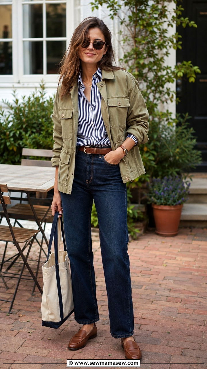 Utility Jacket With a Striped Shirt and Dark Wash Jeans - 30 Light jacket weather outfit ideas