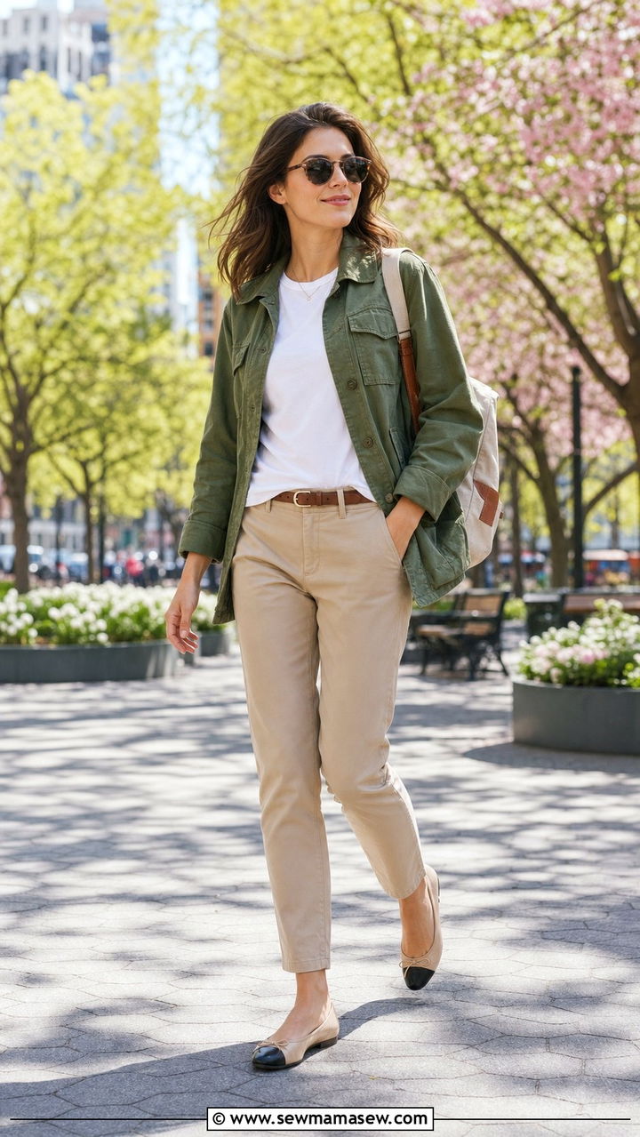 Utility Jacket and Chinos with Ballet Flats Spring - 25 Spring outfits with ballet flats