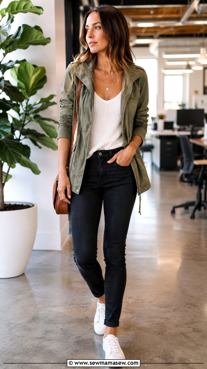 Utility Jacket and Dark Jeans Outfit - 30 Office outfits with jeans