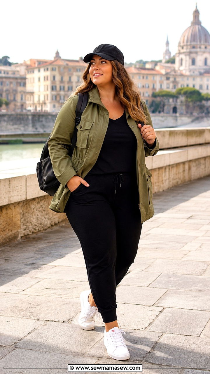 Utility Jacket and Joggers Travel Outfit Curvy Women - 25 Travel outfit ideas curvy women
