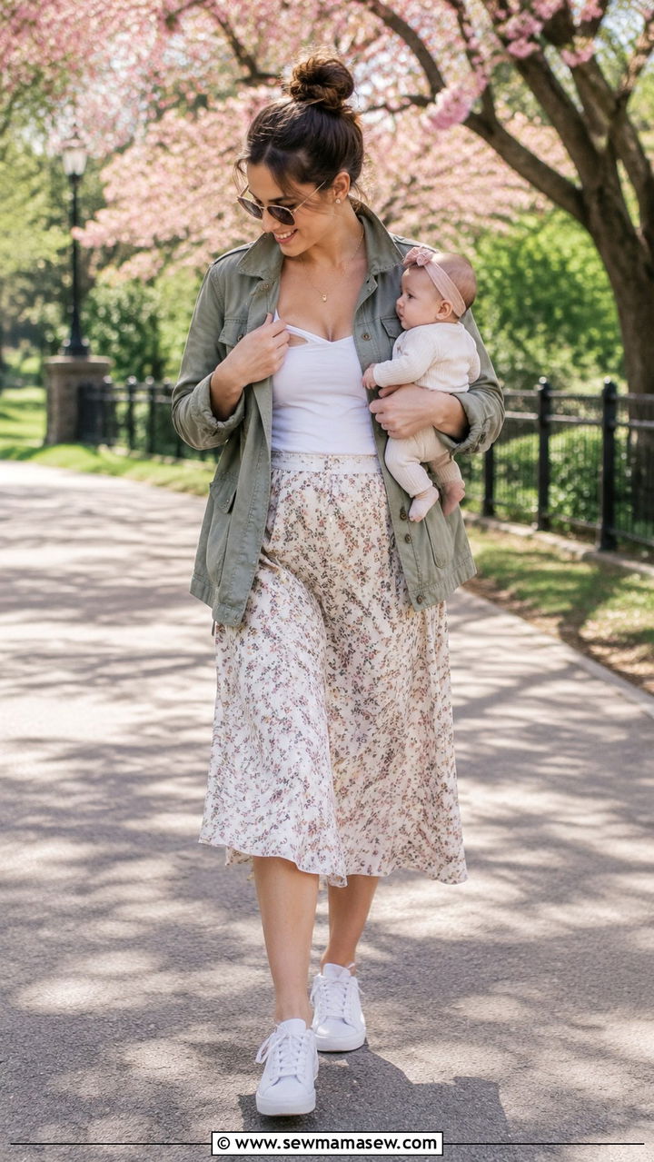 Utility Jacket and Midi Skirt Outfit - 30 spring outfits for postpartum women