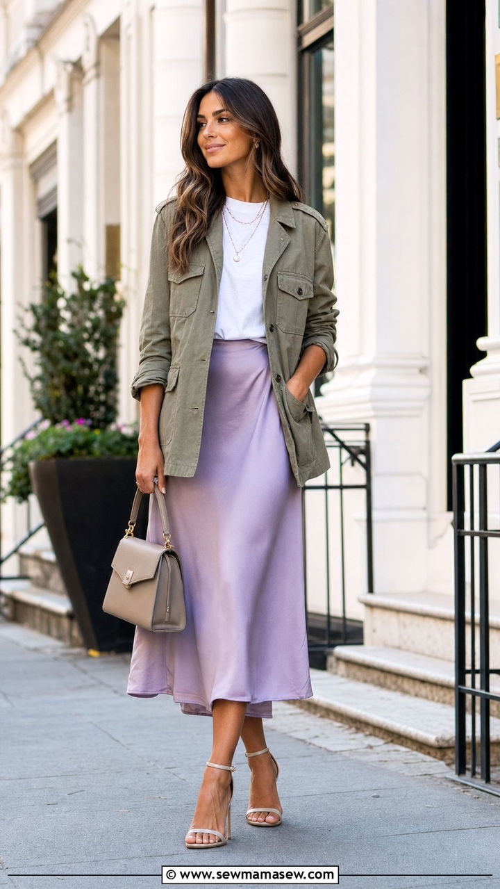 Utility Jacket and Satin Midi Skirt - 25 spring utility chic outfit ideas