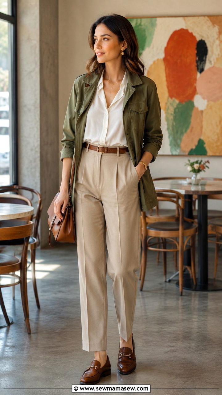 Utility Jacket with Belted Trousers - 30 brunch outfits Pinterest