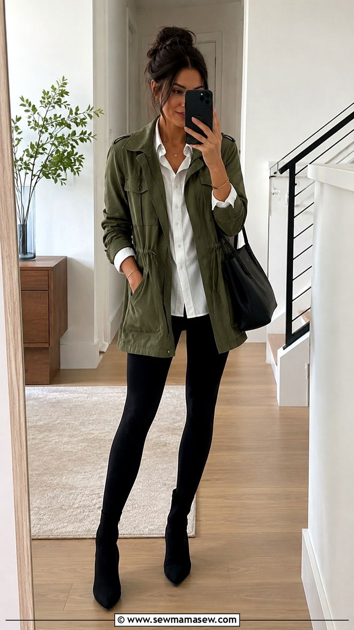 Utility Jacket with Black Leggings and Sock Boots - 30 Spring outfits with utility jacket