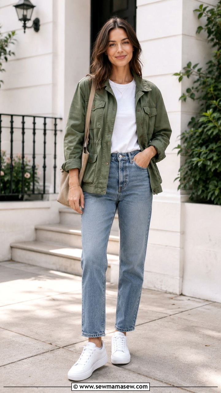 Utility Jacket with Blue Straight Leg Jeans and a White Tee - 30 Spring outfits with utility jacket