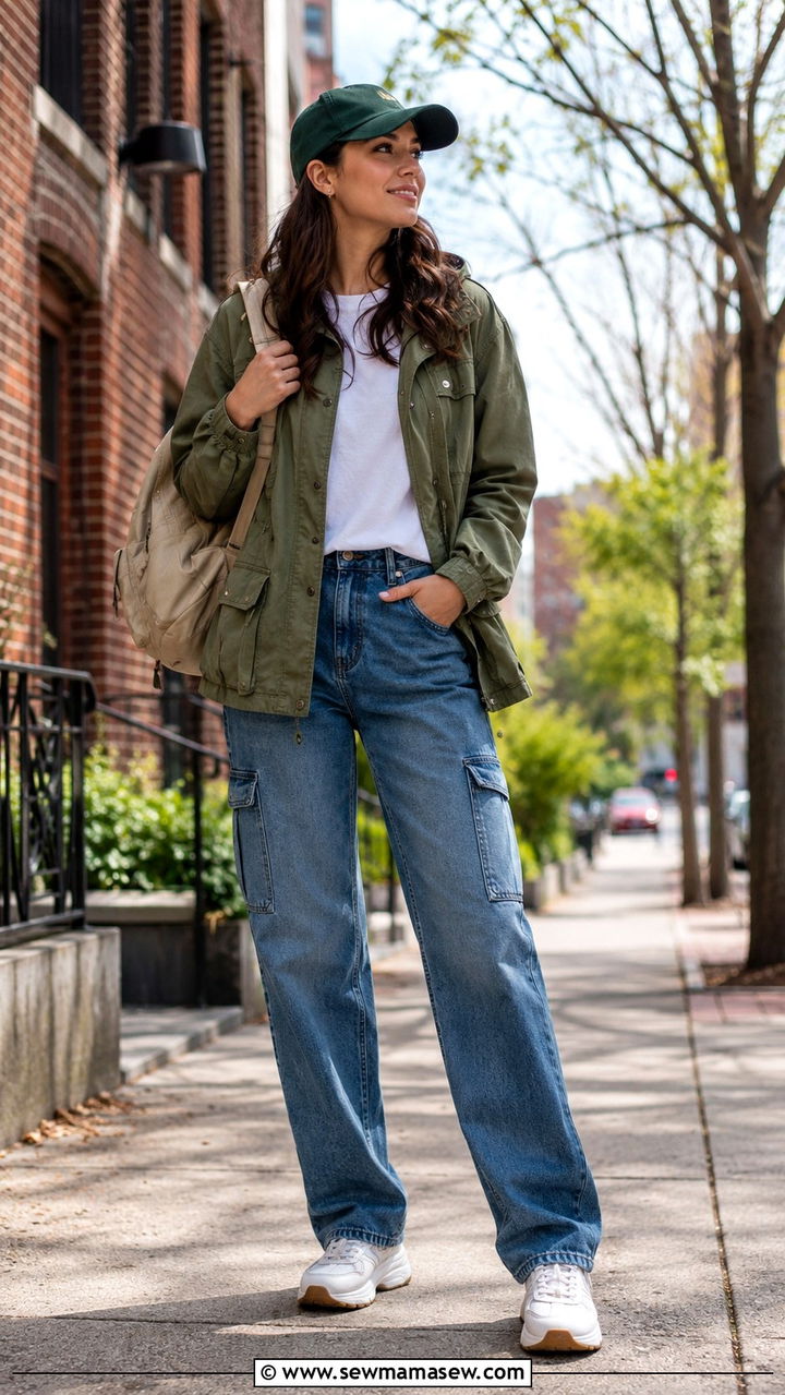 Utility Jacket with Cargo Jeans and Chunky Sneakers - 30 Spring outfits with jeans