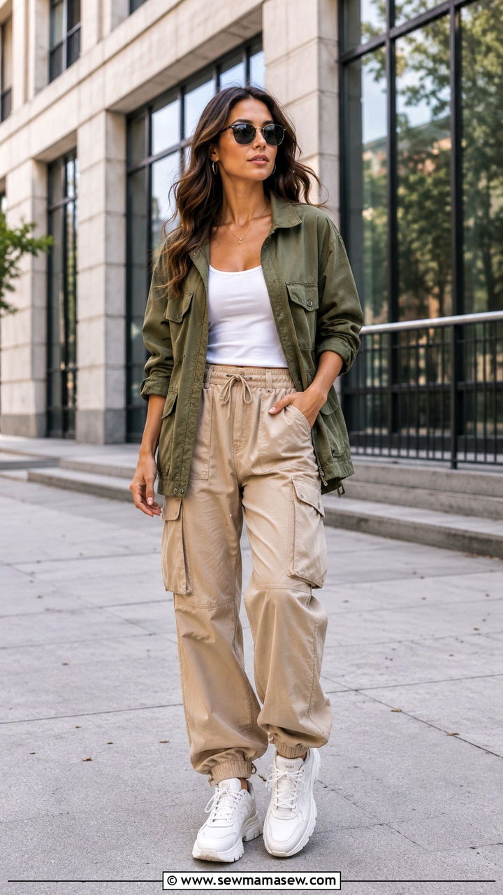Utility Jacket with Cargo Pants and Chunky Sneakers - 30 transitional street style outfits