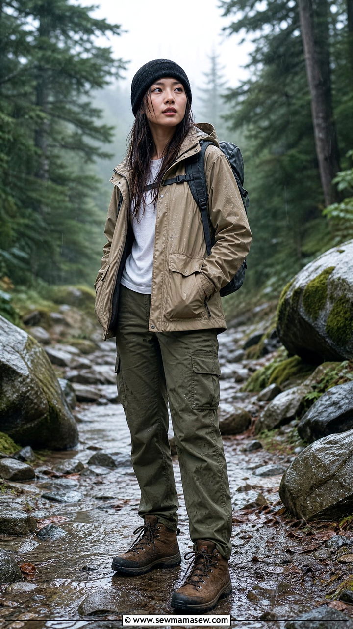 Utility Jacket with Cargo Pants and Hiking Boots - 25 rainy day outfits inspo
