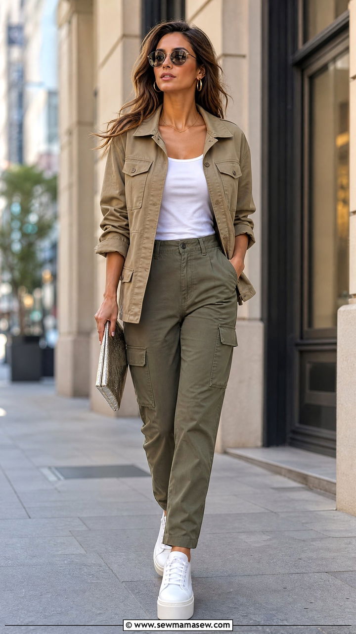 Utility Jacket with Cargo Pants and Platform Sneakers - 35 jacket outfits ideas