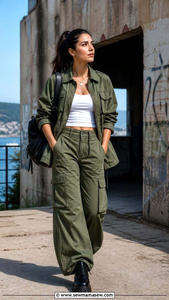 Utility Jacket with Cargo Style Palazzo Pants - 40 palazzo pants outfit ideas