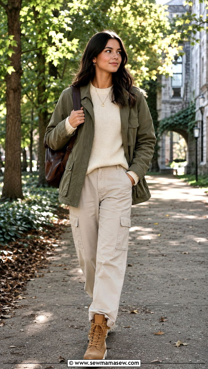 Utility Jacket with Cream Sweater and Cargo Pants Outfit - 30 classy back to school outfits