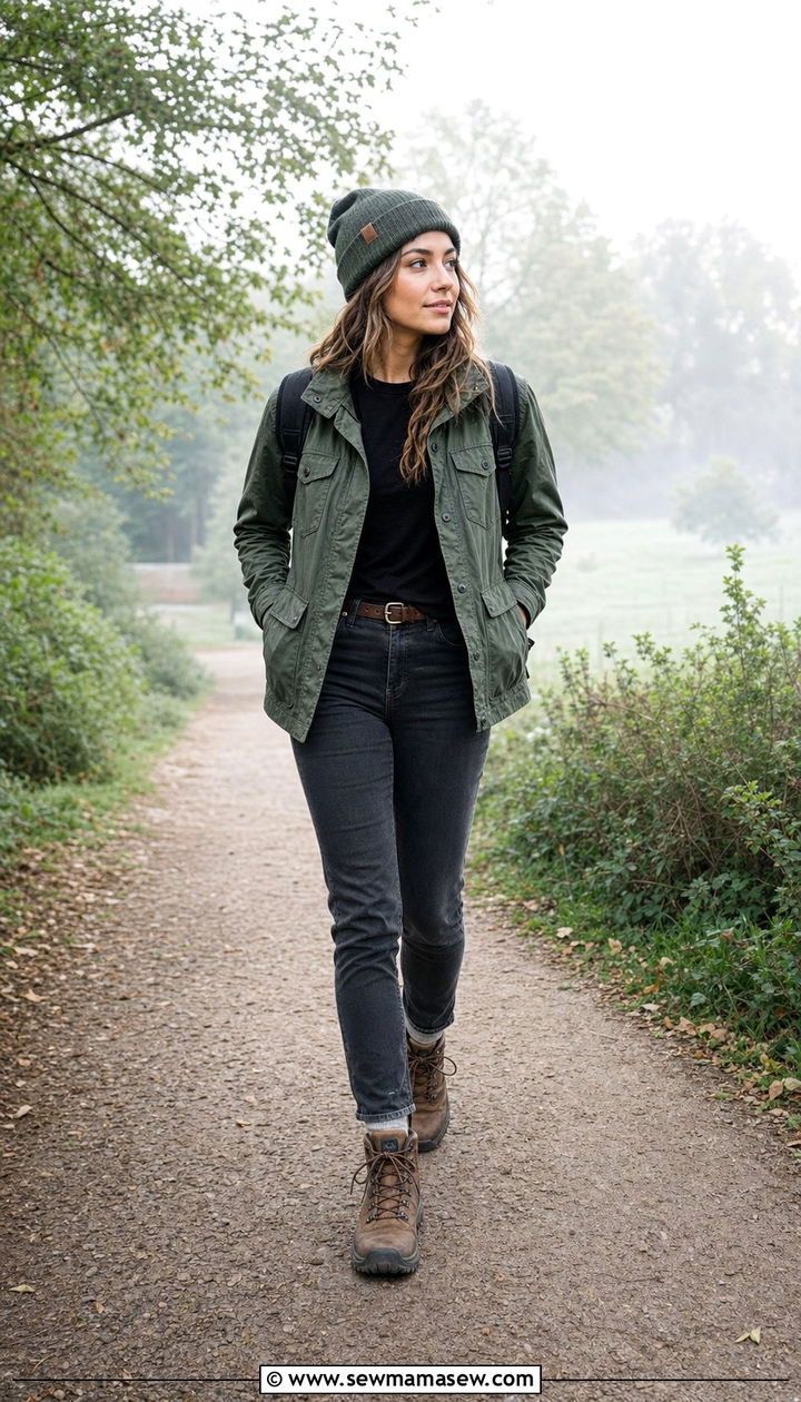 Utility Jacket with Dark Basics and Hiking Boots - 25 Drizzle outfit ideas
