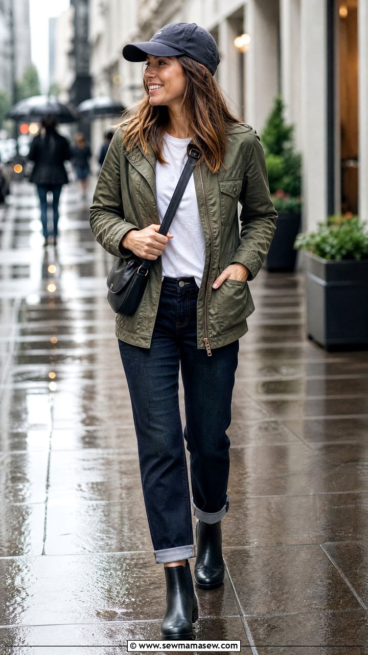 Utility Jacket with Dark Wash Jeans and Waterproof Ankle Boots - 30 summer rainy day outfit ideas