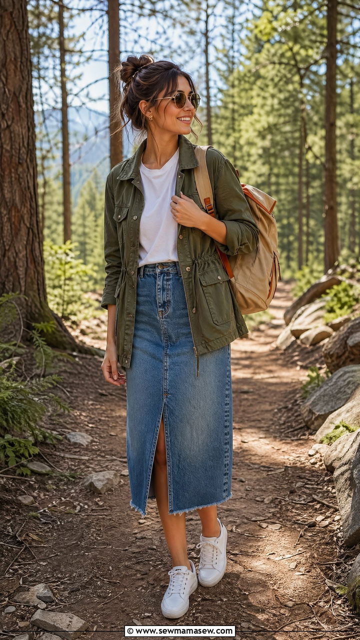 Utility Jacket with Denim Midi Skirt and White Tee - 35 denim skirt outfits inspo