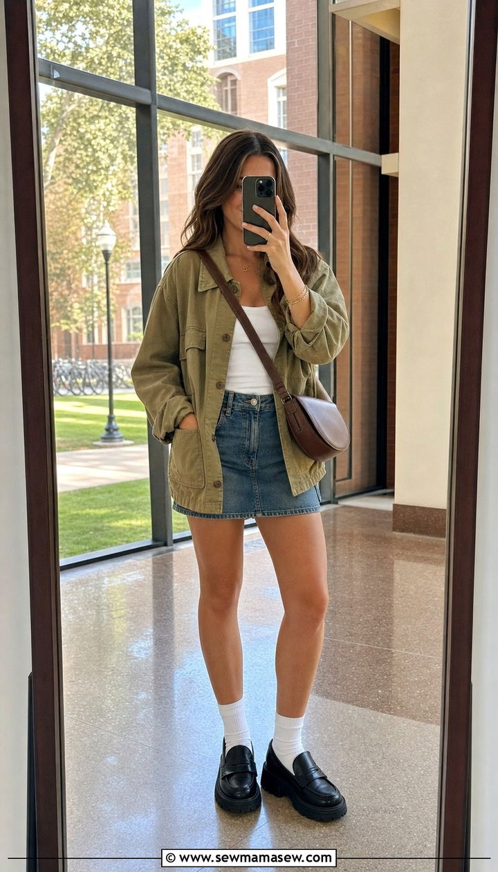 Utility Jacket with Denim Mini Skirt and Loafers - 25 cute windy day outfits