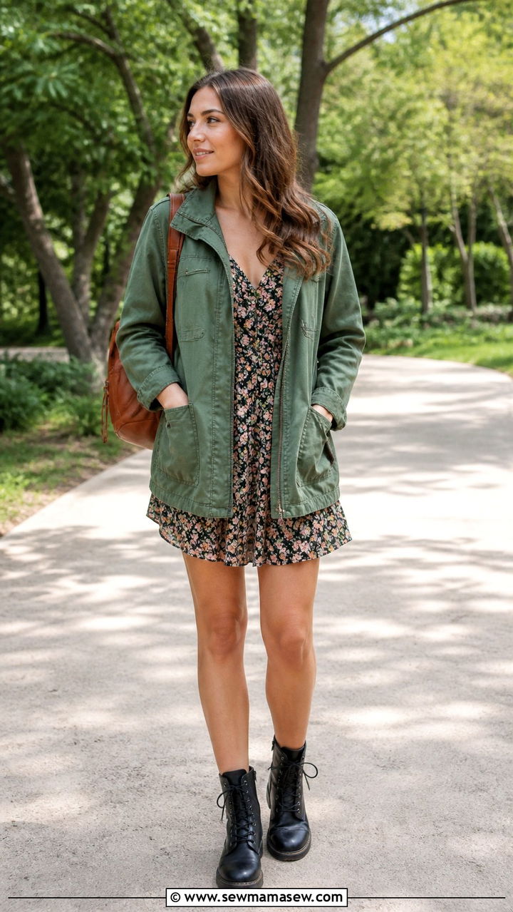 Utility Jacket with Floral Dress and Combat Boots - 40 spring cute outfit ideas