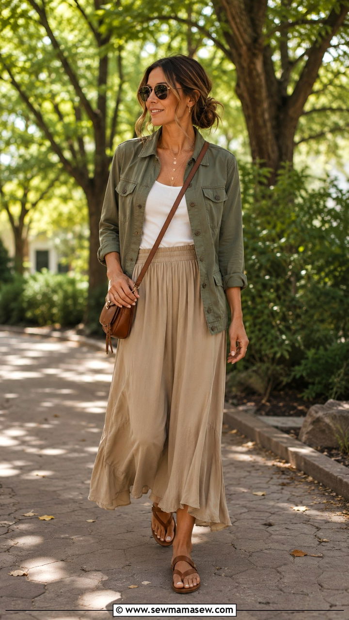 Utility Jacket with Flowy Midi Skirt - 30 Late July outfit ideas