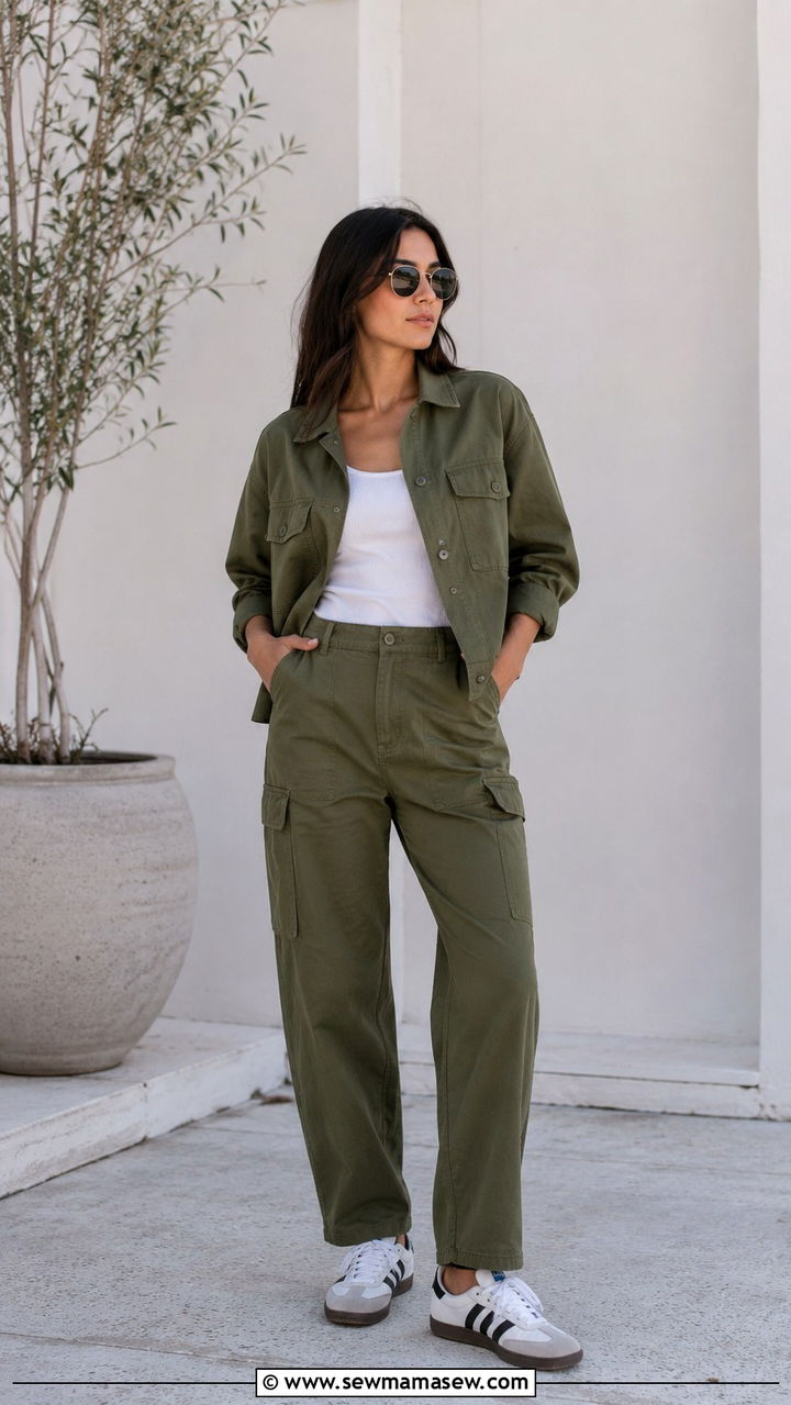 Utility Jacket with Matching Utility Pants and Monochrome Sneakers - 30 Spring outfits with utility jacket