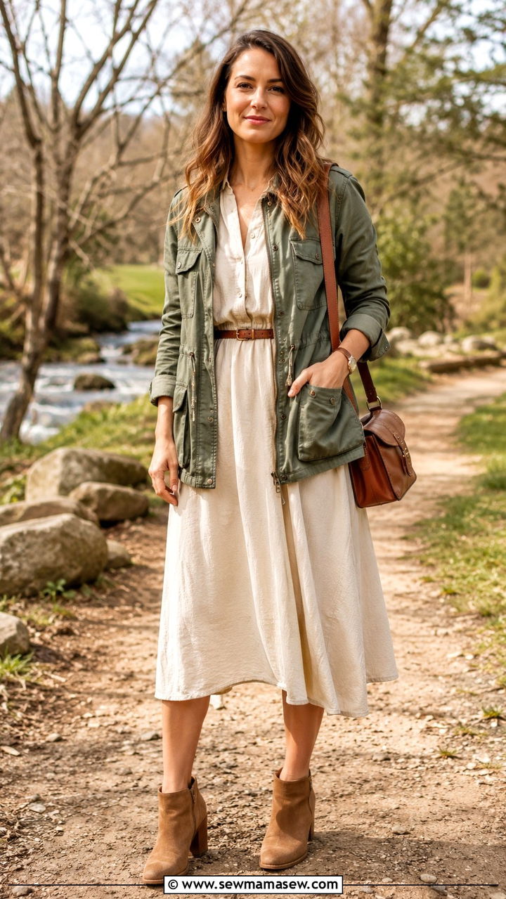 Utility Jacket with Midi Dress and Ankle Boots - 30 Late March outfit ideas