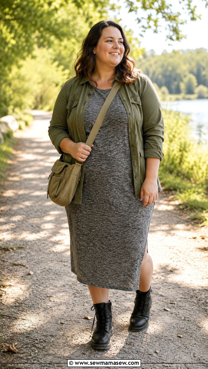 Utility Jacket with Midi Dress and Combat Boots - 30 transitional midsize outfit ideas